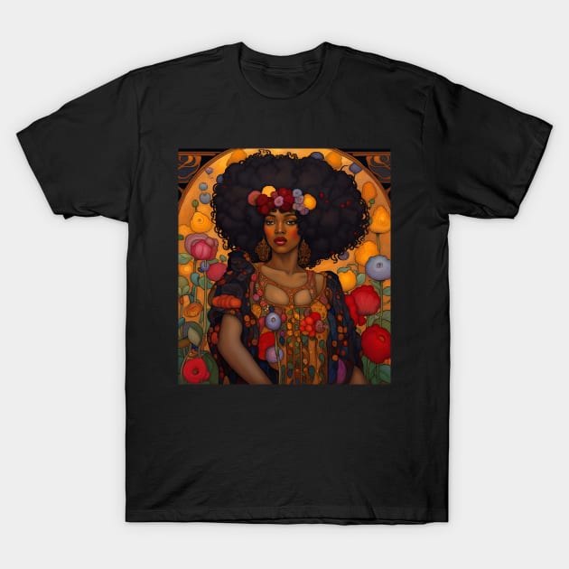 Beautiful Black Woman Woman with Flowers, Art Nouveau T-Shirt by LittleBean